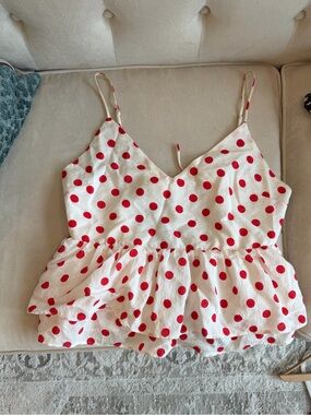 White Red Polka Dot Ruffle Cami Top